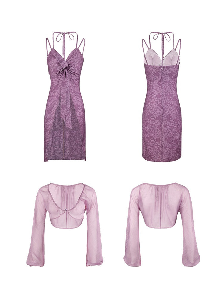 Sheer Short Top & Sling Set & Printed Skirt