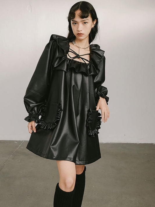 Leather Square Neck Ruffle Doll Dress