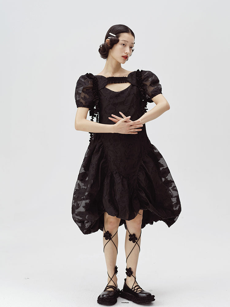 Irregular Flower Bud Black Dress