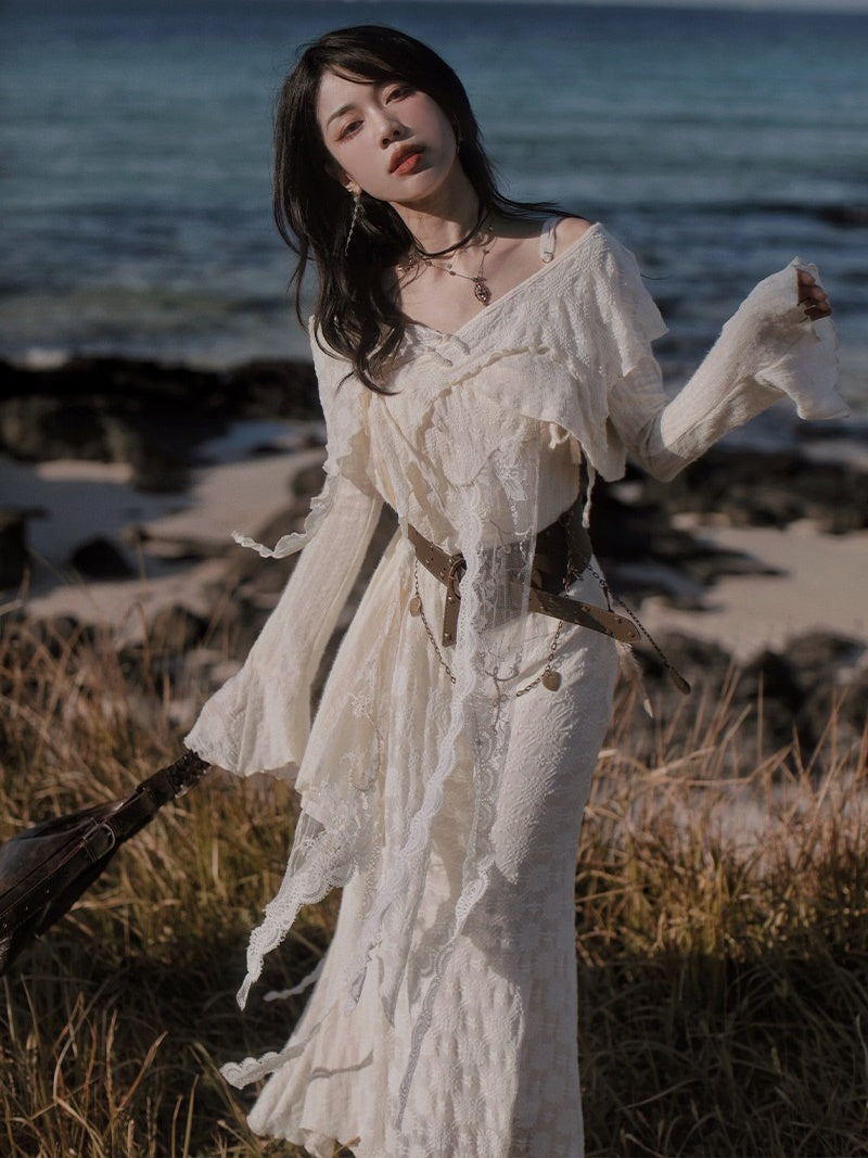 Fairy Style Mermaid Slip Dress & Asymmetry Lace Top & Belt