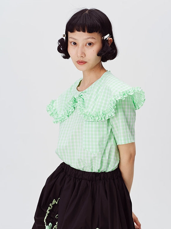 Plaid Doll Collar Short-Sleeved Shirt