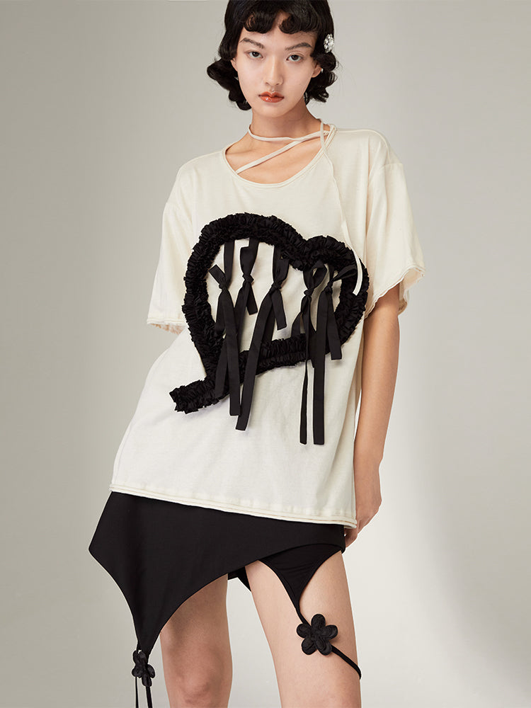 Love Lace Bandage Bow Loose T-shirt