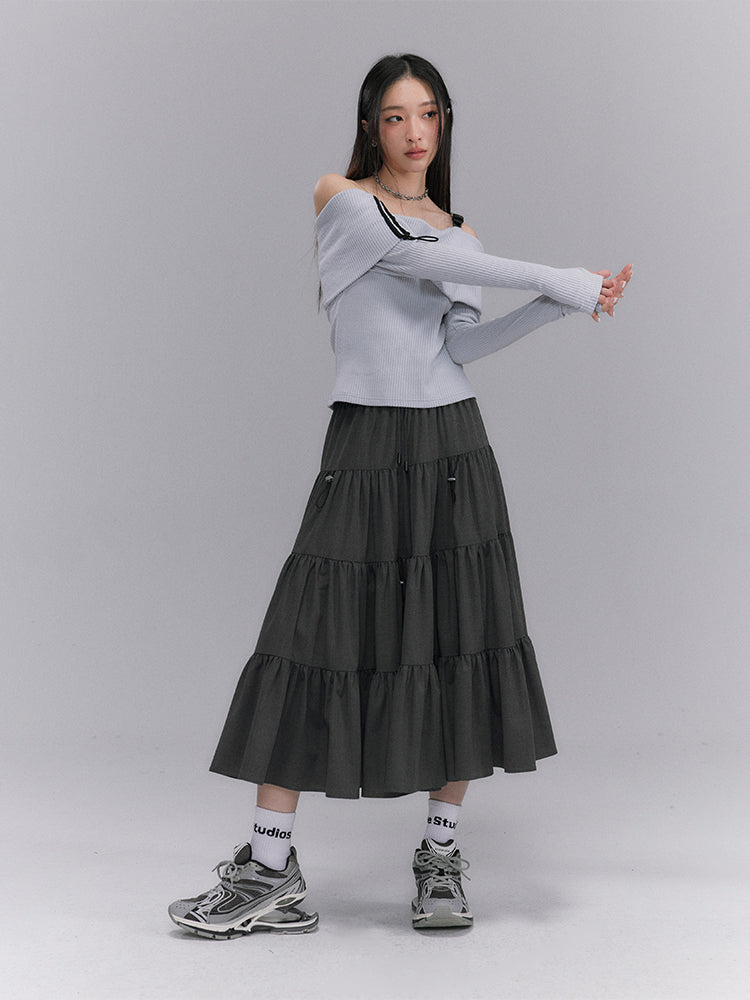 Tiered Pleaats Crumply Flare Drawstring Long-Skirt