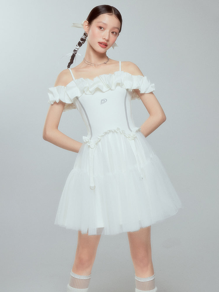 Off-shoulder Frill Ciffon Tutu Tight One-piece