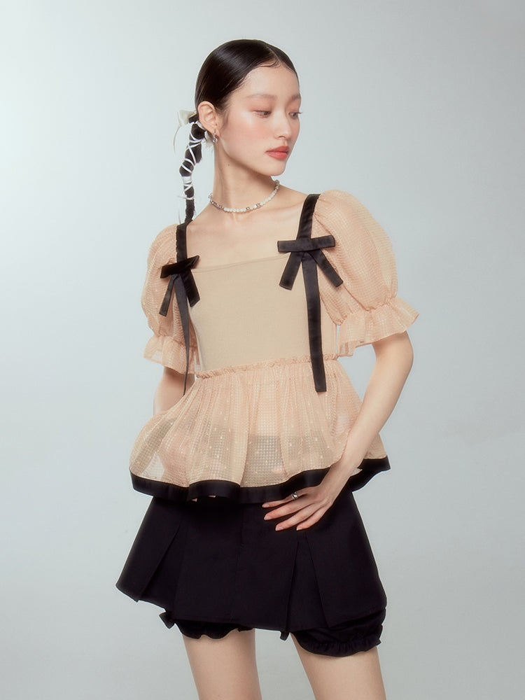 Ribbon Sheer Peplum Candy-sleeve Blouse