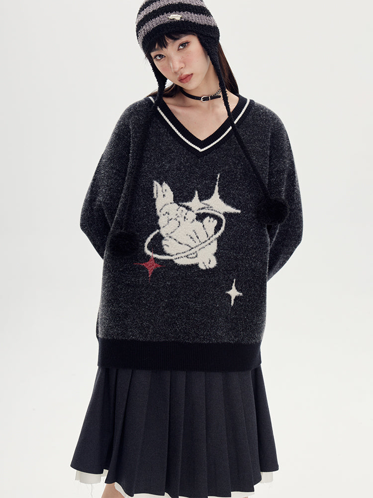 Animal V-neck Loose Knit