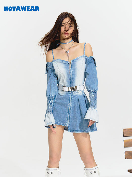 Faded Denim Off-shoulder Short One-piece