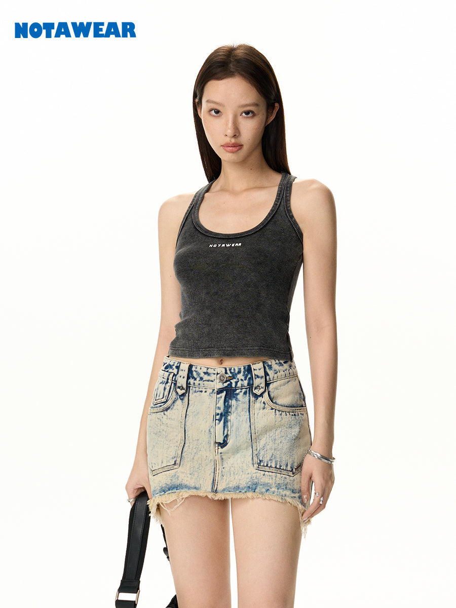 Tassel Faded Denim Asymmetry Micro-Mini Skirt