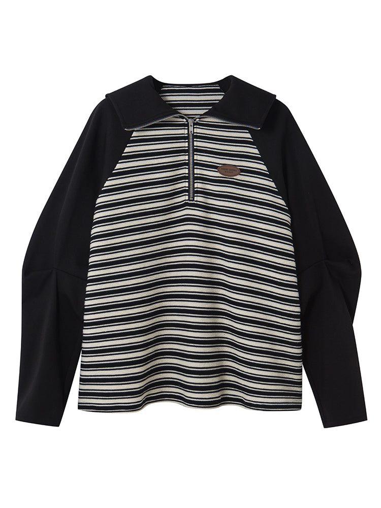 Border Casual Retro Oversize Harf-zip Tops