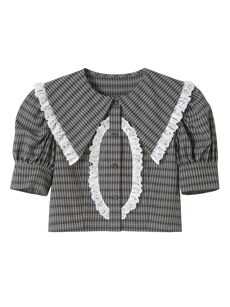 Lace Checked Girly Pleats Blouse＆Short-Skirt