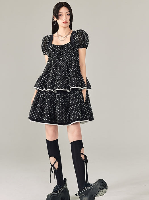 Puff Sleeves Polka Dot Short Dress