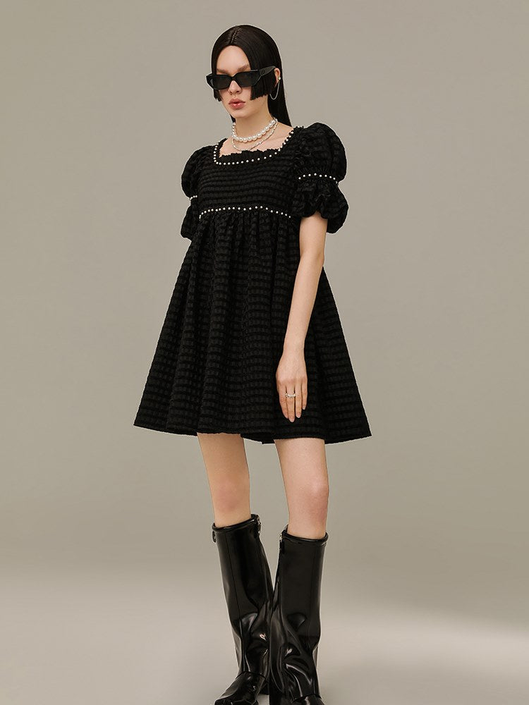 Plaid Retro Pearl Puff-sleeve One-piece