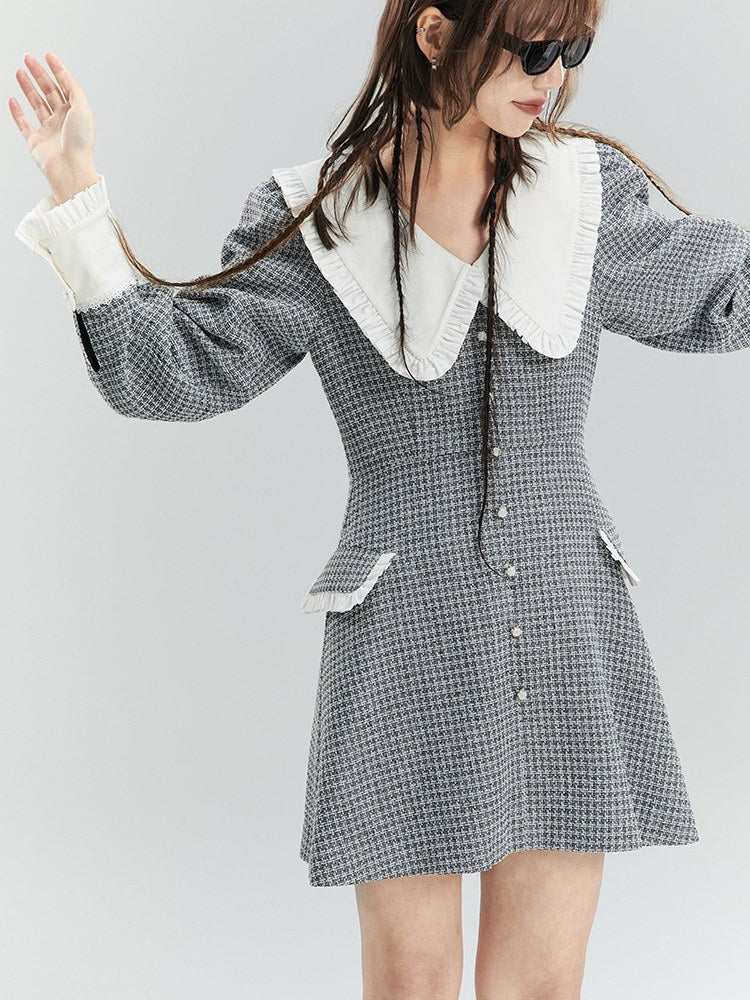 Plaid Frill Big-collar One-piece