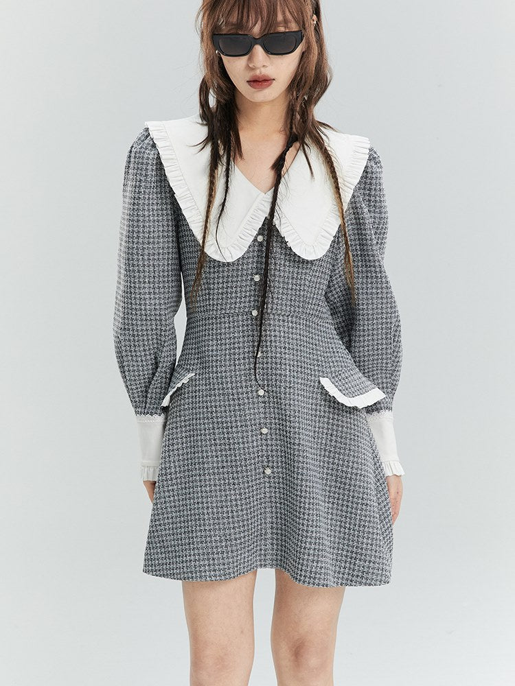 Plaid Frill Big-collar One-piece