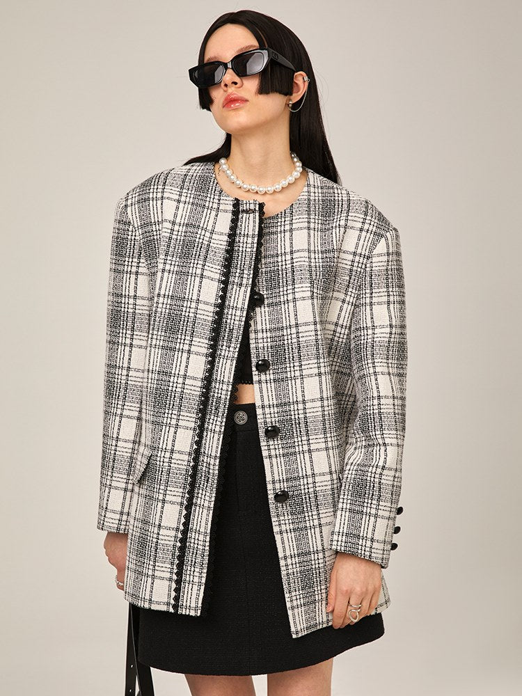 No-collar Embroidered Plaid Jacket