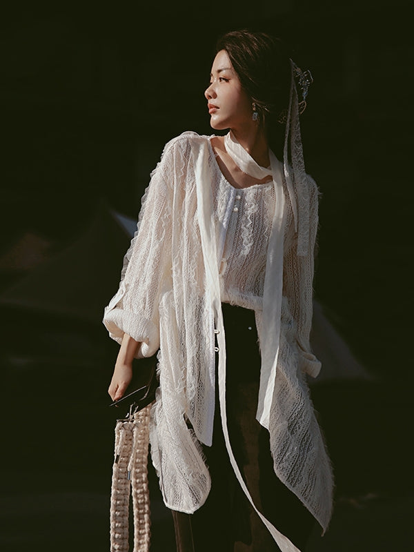 Mid-length Lace See-through Blouse Cardigan