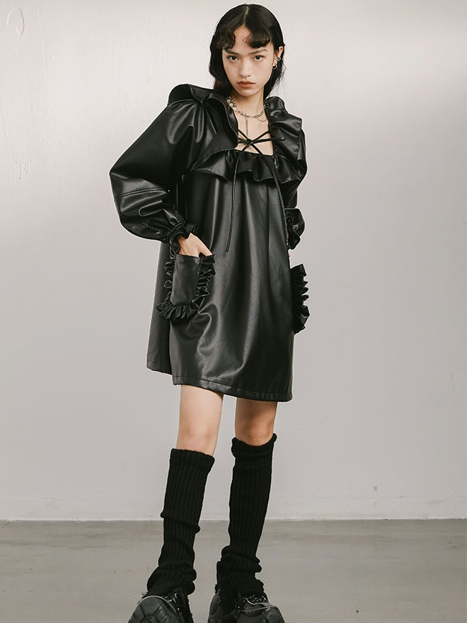 Leather Square Neck Ruffle Doll Dress