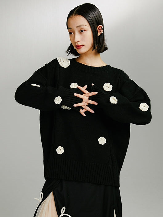 Camellia Hook Flower Retro Loose Sweater