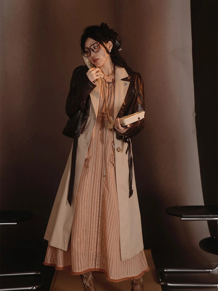 Leather-Jacket＆Trench-Coat Layered Nichi Classy Set-Up