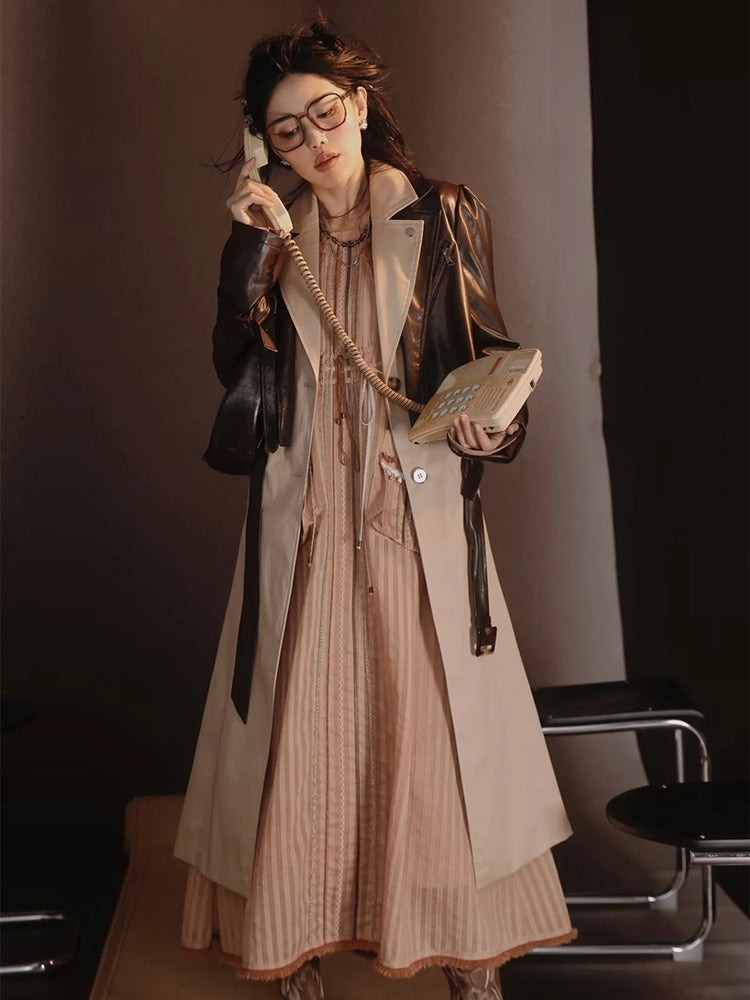 Leather-Jacket＆Trench-Coat Layered Nichi Classy Set-Up