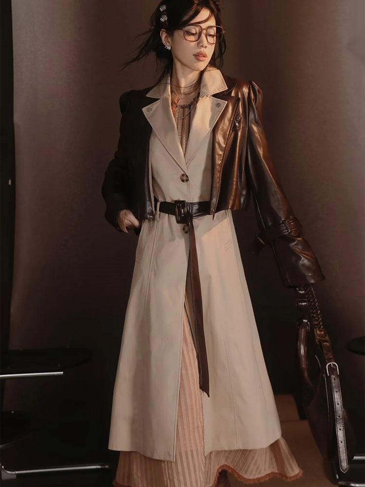 Leather-Jacket＆Trench-Coat Layered Nichi Classy Set-Up