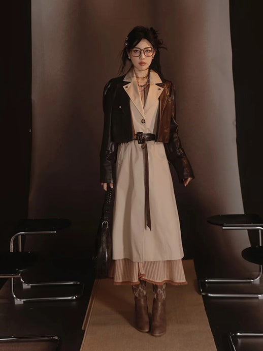 Leather-Jacket＆Trench-Coat Layered Nichi Classy Set-Up