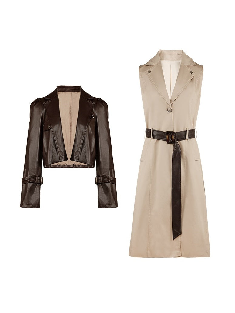 Leather-Jacket＆Trench-Coat Layered Nichi Classy Set-Up