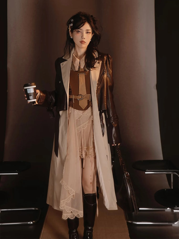 Leather-Jacket＆Trench-Coat Layered Nichi Classy Set-Up