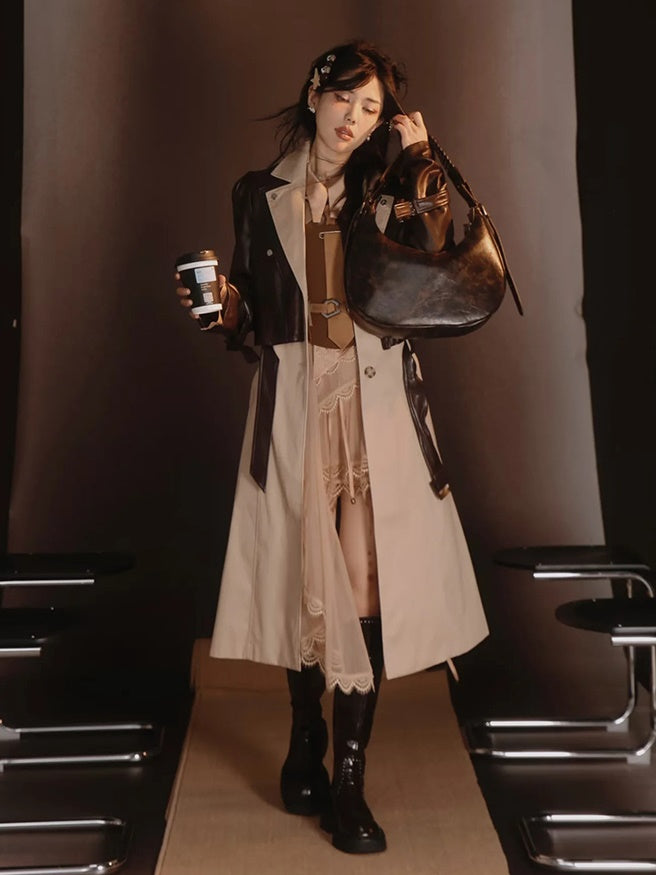 Leather-Jacket＆Trench-Coat Layered Nichi Classy Set-Up