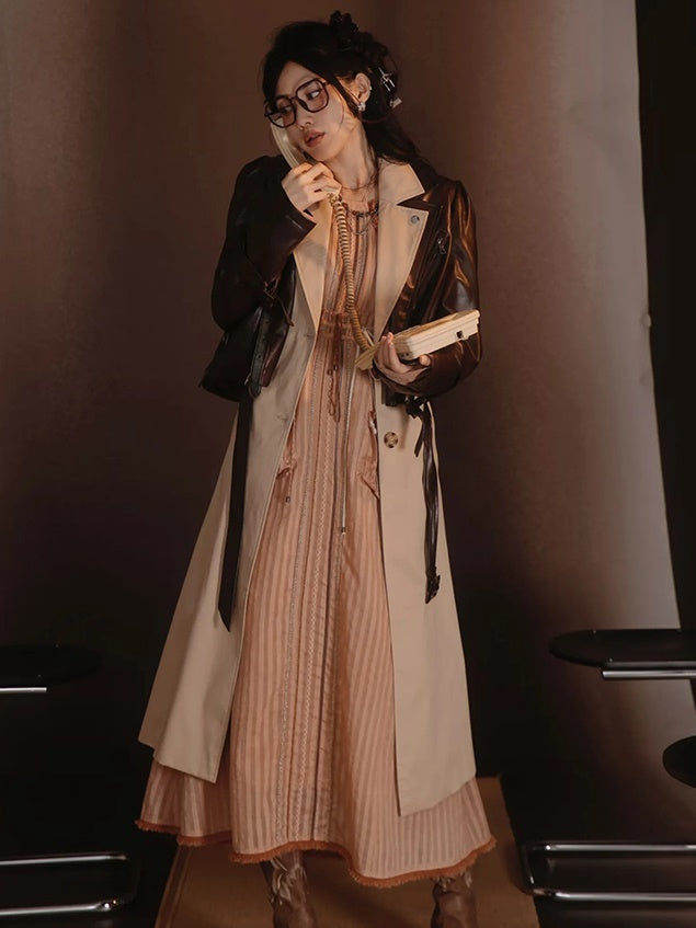 Leather-Jacket＆Trench-Coat Layered Nichi Classy Set-Up