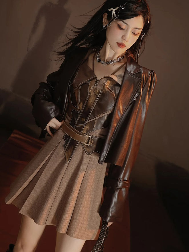 Leather-Jacket＆Trench-Coat Layered Nichi Classy Set-Up