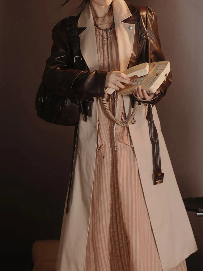 Leather-Jacket＆Trench-Coat Layered Nichi Classy Set-Up