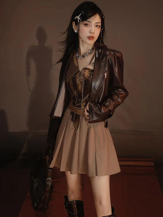 Leather-Jacket＆Trench-Coat Layered Nichi Classy Set-Up