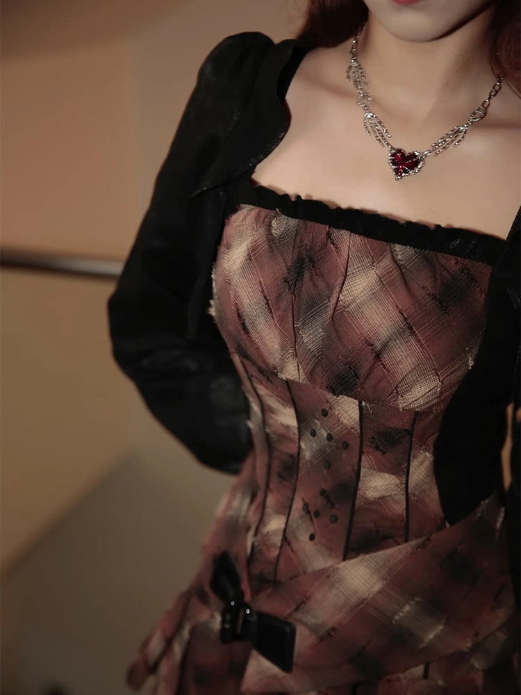 Checked Retro Asymmetry Back-Cross One-Piece