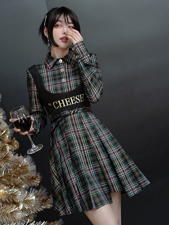 Plaid Dress Niche Fake-two-piece Pleats Short-length One-piece