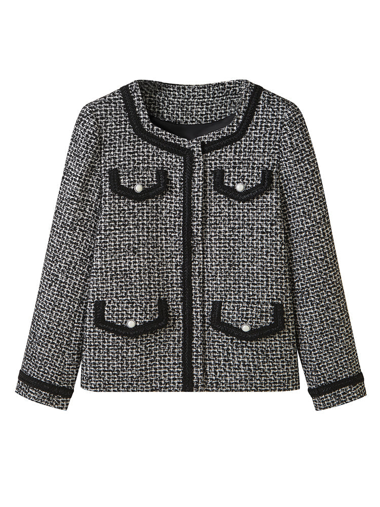 Formal Tweed Classy Mature No-collar Jacket