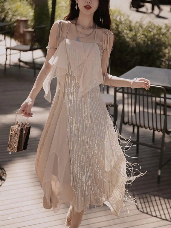 Chiffon Pleats Elegant Long Fluffy One-piece