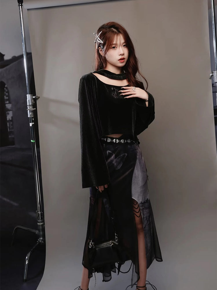 Velvet Metallic Glossy Nichi Cutsew Body-Suit Skirt