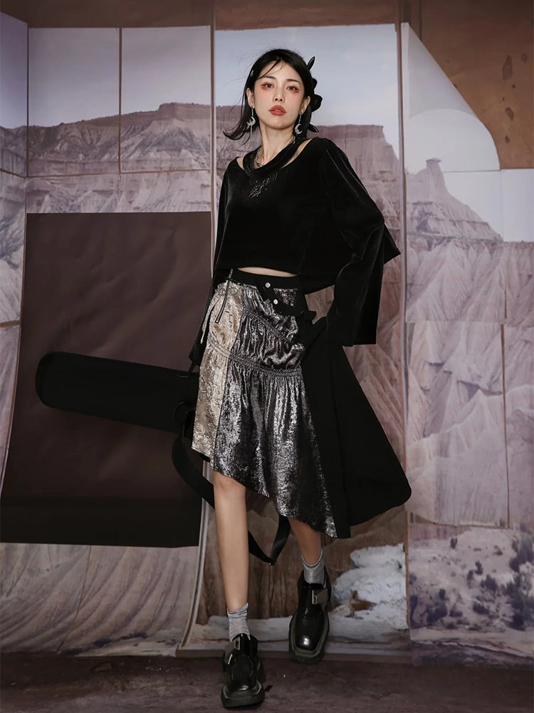 Velvet Metallic Glossy Nichi Cutsew Body-Suit Skirt