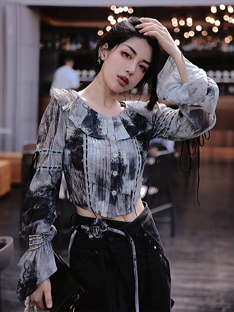 Frill Volume-sleeve Ribbon Tie-dye Watercolor Short Blouse