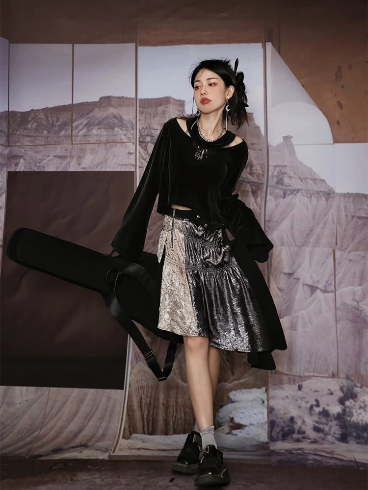 Velvet Metallic Glossy Nichi Cutsew Body-Suit Skirt