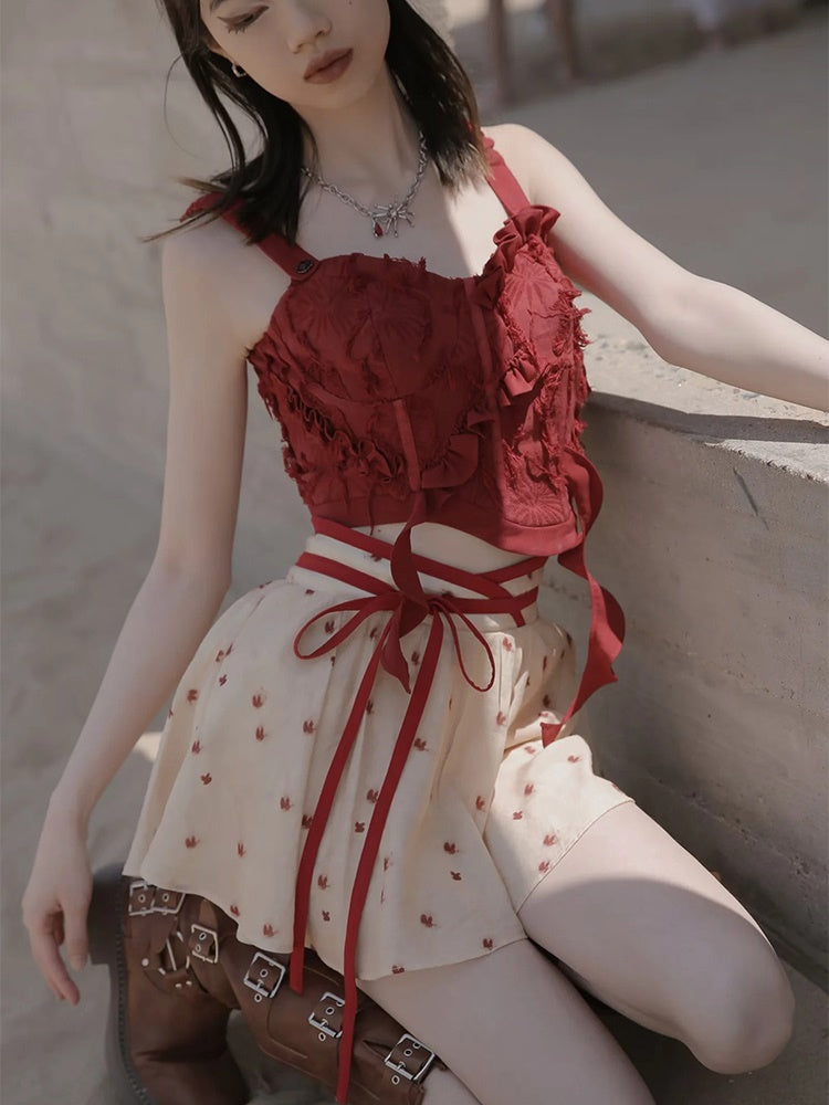 Dot Petal Cute Lace Bustier＆Blouse＆pants