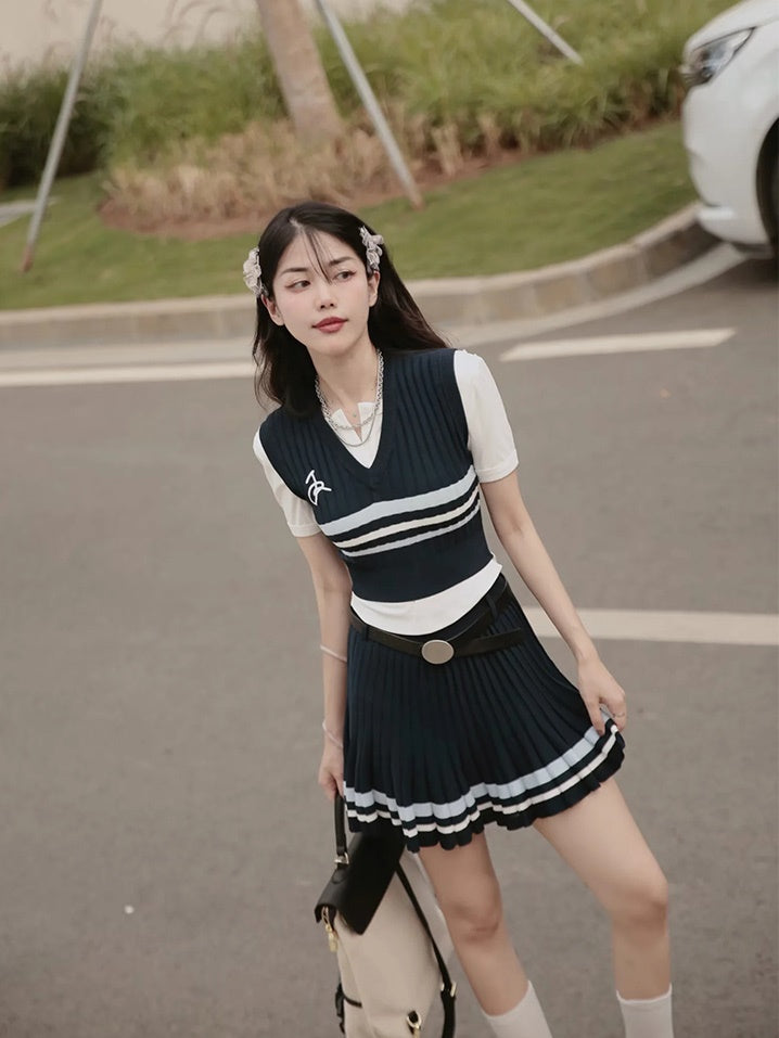 College Casual Sporty Knit Tops&Skirt