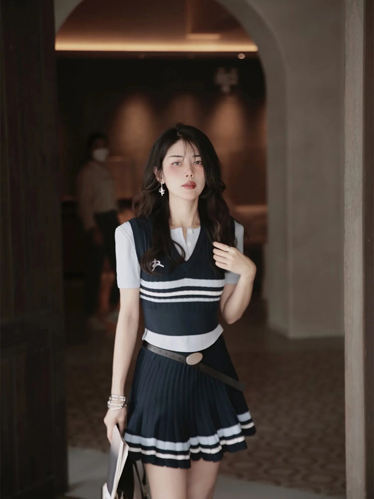 College Casual Sporty Knit Tops&Skirt