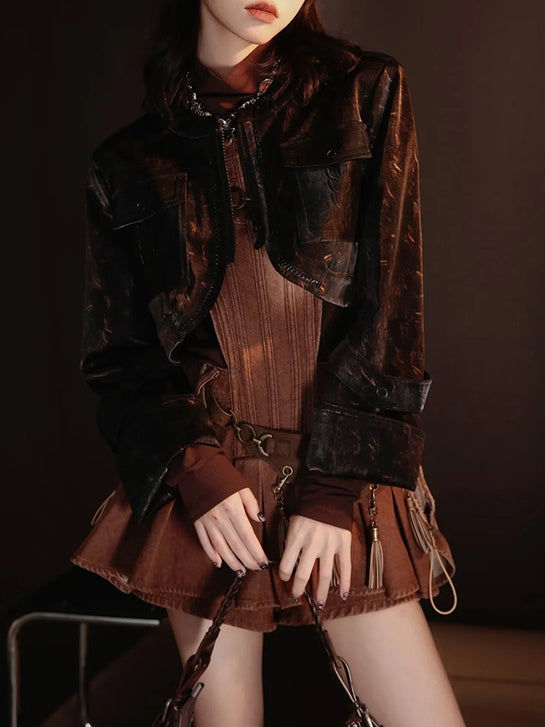 Short Retro Collar Leather-Jacket