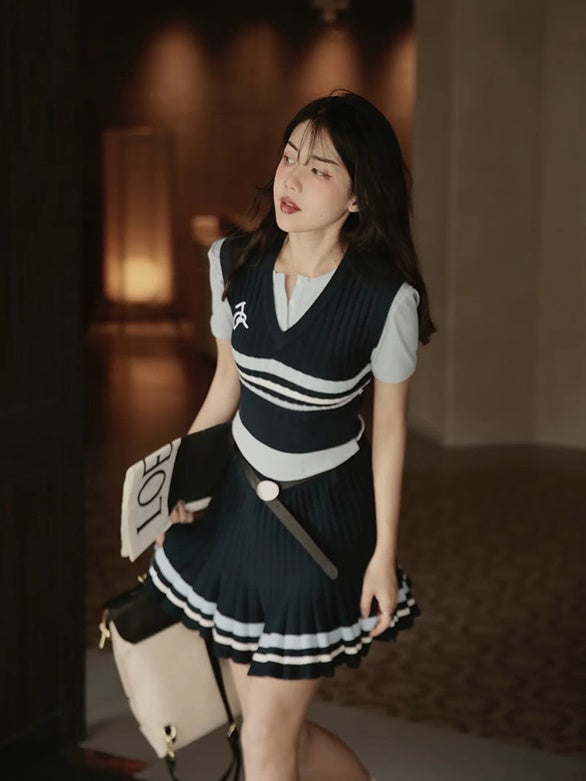 College Casual Sporty Knit Tops&Skirt