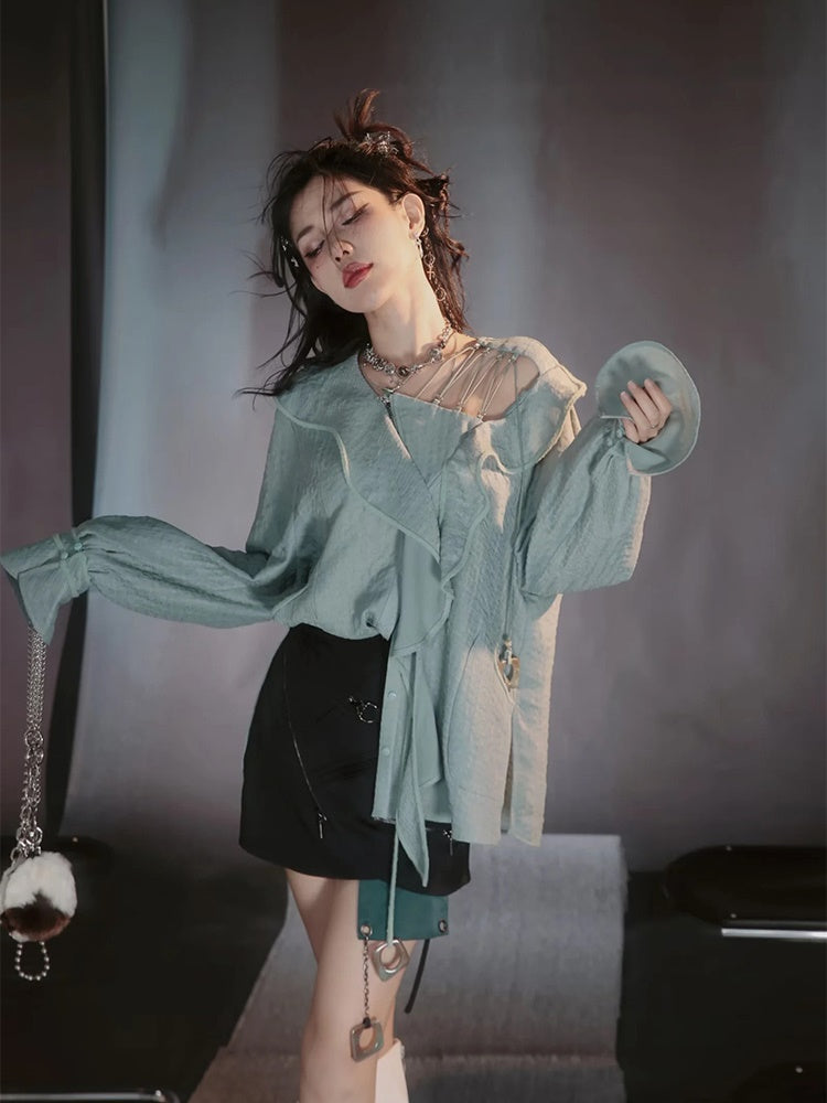 Asymmetry Lace Sheer Mermaid Ruffle Blouse＆2esy-Skirt