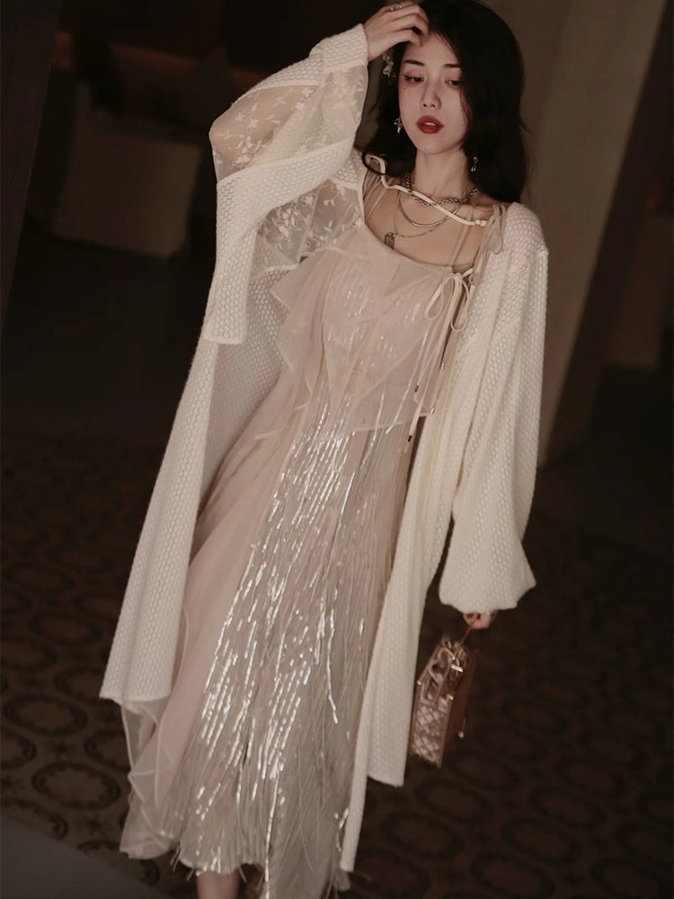 Mesh Lace See-through Long-Cardigan