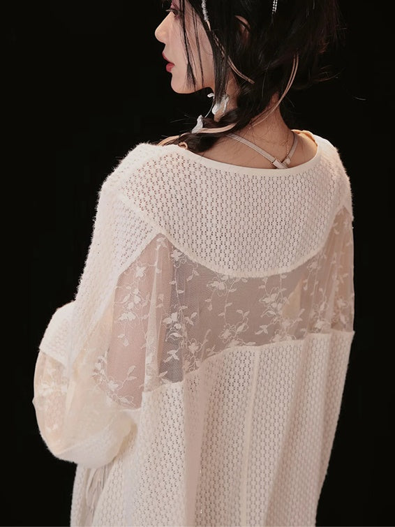 Mesh Lace See-through Long-Cardigan