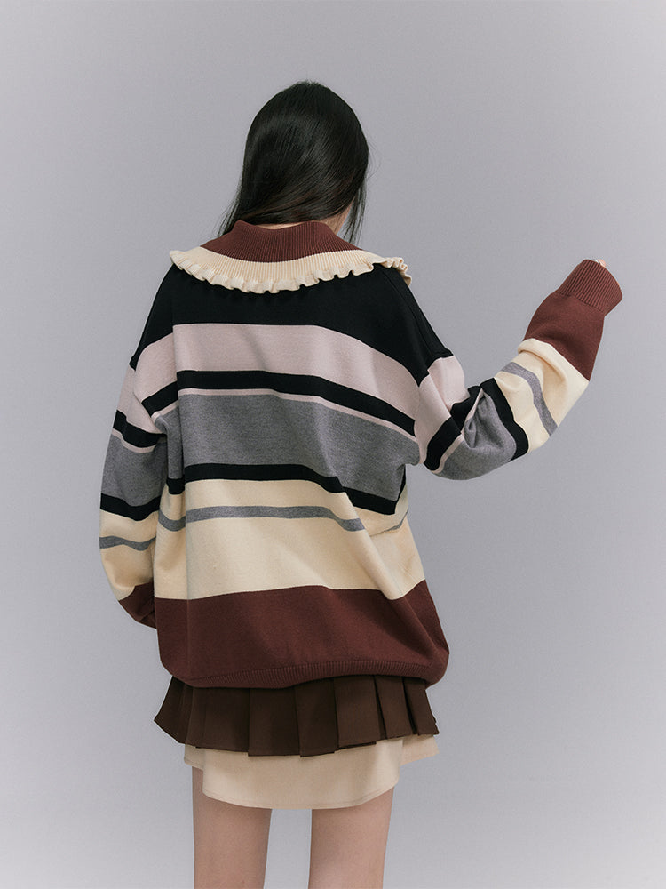 Border Shoulder-frill Casual Knit